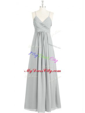 Grey Chiffon Backless Prom Dress Sleeveless Floor Length Ruching