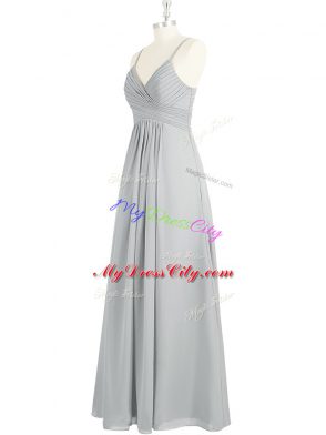 Grey Chiffon Backless Prom Dress Sleeveless Floor Length Ruching