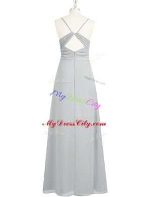 Grey Chiffon Backless Prom Dress Sleeveless Floor Length Ruching