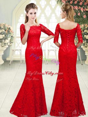 Red Scalloped Lace Up Beading Prom Dresses 3 4 Length Sleeve