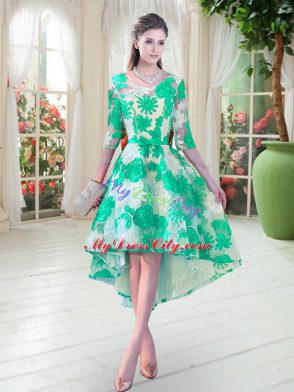 Turquoise A-line Scoop Half Sleeves Lace High Low Lace Up Belt Prom Dress