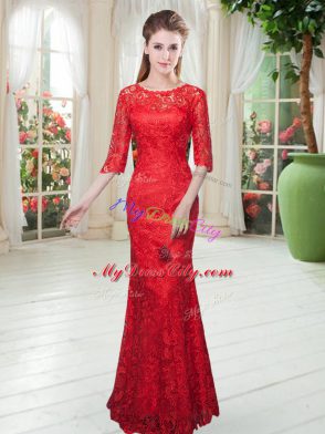 Half Sleeves Zipper Floor Length Lace Prom Evening Gown