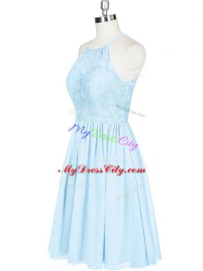 Attractive Light Blue A-line Chiffon Halter Top Sleeveless Lace Mini Length Backless Prom Dresses