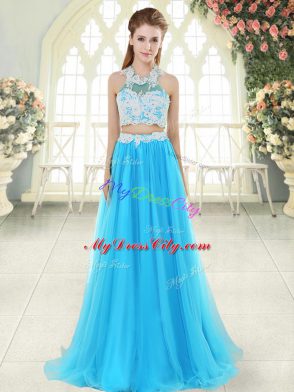 Cheap Aqua Blue Zipper Halter Top Lace Evening Wear Tulle Sleeveless