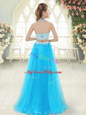 Cheap Aqua Blue Zipper Halter Top Lace Evening Wear Tulle Sleeveless