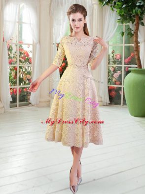 Champagne Half Sleeves Tea Length Beading Zipper Dress for Prom