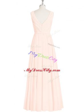 Elegant Floor Length Pink Dress for Prom V-neck Sleeveless Zipper