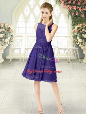 High Class Empire Prom Dresses Purple Scoop Chiffon Sleeveless Knee Length Zipper