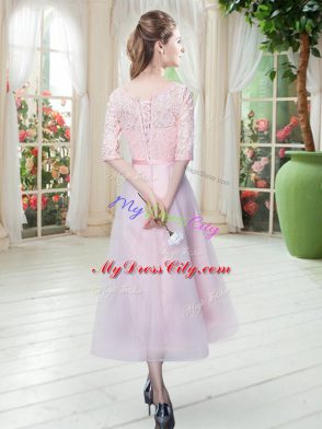 Affordable Baby Pink Lace Up Half Sleeves Ankle Length Belt