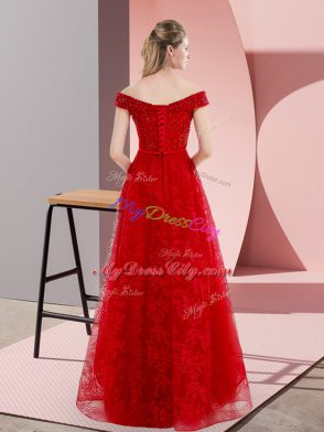 Tulle Off The Shoulder Sleeveless Lace Up Beading and Lace Evening Dress in Fuchsia