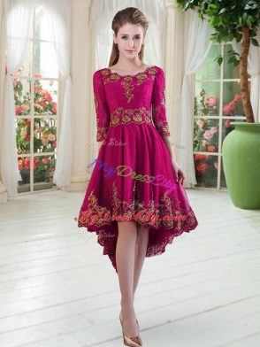 Luxury Long Sleeves Satin High Low Lace Up Prom Dresses in Fuchsia with Embroidery