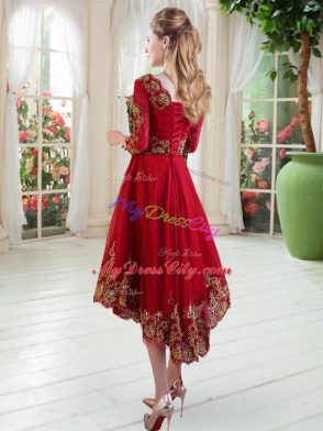 Luxury Long Sleeves Satin High Low Lace Up Prom Dresses in Fuchsia with Embroidery