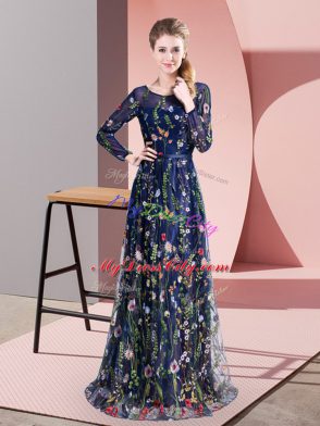 Pretty Chiffon Scoop Long Sleeves Sweep Train Zipper Pattern Prom Gown in Multi-color