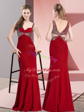 On Sale Red Sleeveless Floor Length Beading Backless Prom Dress