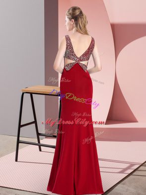 On Sale Red Sleeveless Floor Length Beading Backless Prom Dress