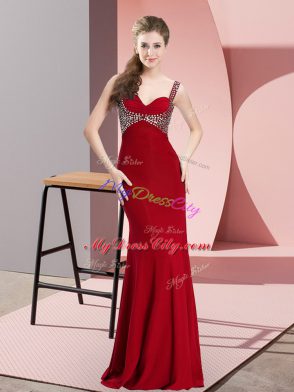 On Sale Red Sleeveless Floor Length Beading Backless Prom Dress