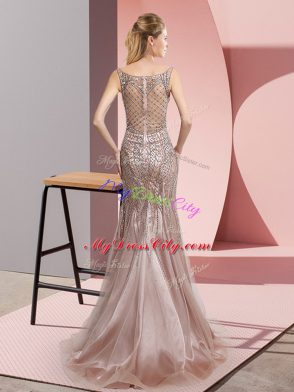 Fancy Pink Mermaid Beading Evening Dress Zipper Tulle Sleeveless Floor Length