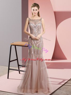 Fancy Pink Mermaid Beading Evening Dress Zipper Tulle Sleeveless Floor Length