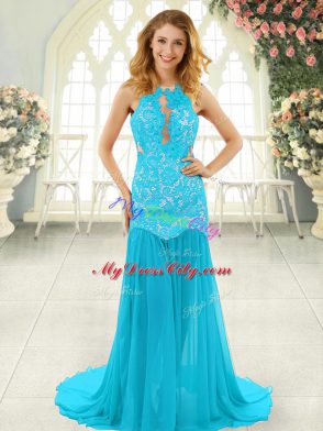 Hot Sale Aqua Blue Scoop Backless Lace Prom Gown Brush Train Sleeveless