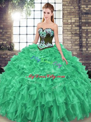 Unique Sleeveless Embroidery and Ruffles Lace Up Vestidos de Quinceanera with Green Sweep Train