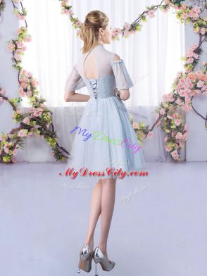 Mini Length Lace Up Dama Dress for Quinceanera Grey for Prom and Party and Wedding Party with Lace