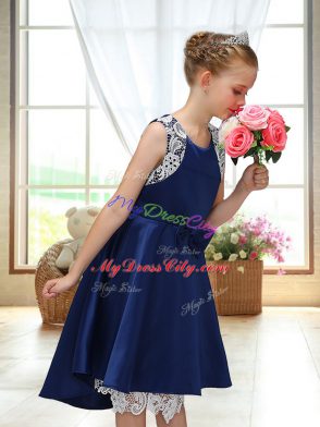 High Low Zipper Toddler Flower Girl Dress Navy Blue for Wedding Party with Lace and Bowknot