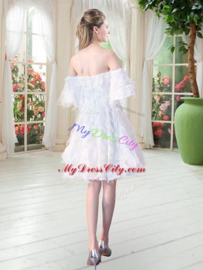 Customized White Zipper Off The Shoulder Appliques Dress for Prom Short Sleeves