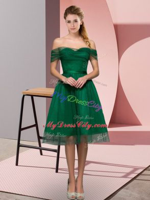 Sleeveless Tulle Tea Length Lace Up Prom Dress in Green with Beading and Lace