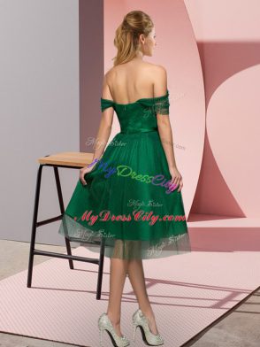 Sleeveless Tulle Tea Length Lace Up Prom Dress in Green with Beading and Lace