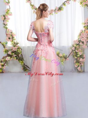 Designer V-neck Cap Sleeves Lace Up Bridesmaid Dresses Pink Tulle