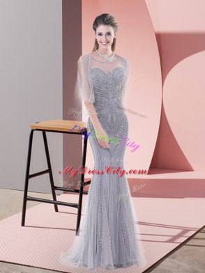 Eye-catching Grey Half Sleeves Sweep Train Beading Prom Dress