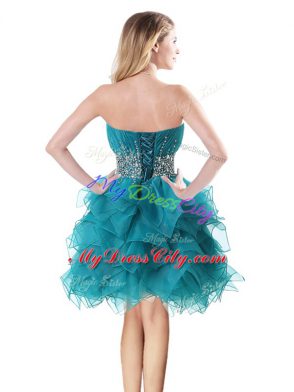 Teal A-line Sweetheart Sleeveless Organza Mini Length Lace Up Beading and Ruffles Evening Dress