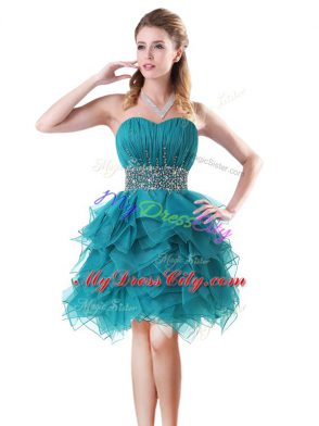 Teal A-line Sweetheart Sleeveless Organza Mini Length Lace Up Beading and Ruffles Evening Dress