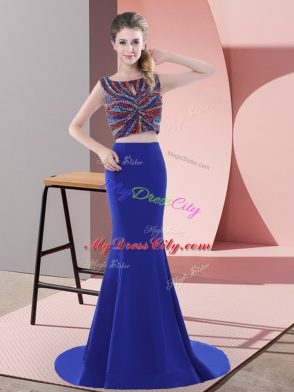 Custom Fit Royal Blue Lace Up Prom Gown Beading Sleeveless Sweep Train