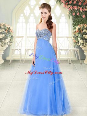 Blue A-line Sweetheart Sleeveless Tulle Floor Length Lace Up Beading Prom Gown