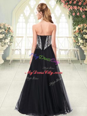 Blue A-line Sweetheart Sleeveless Tulle Floor Length Lace Up Beading Prom Gown