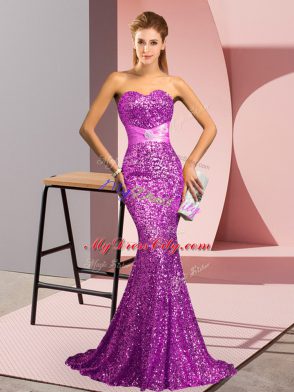 High Quality Sequined Sleeveless Prom Gown Sweep Train and Beading