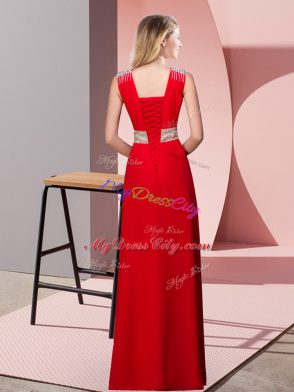 Customized Floor Length Red Dress for Prom Chiffon Sleeveless Beading