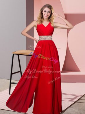 Customized Floor Length Red Dress for Prom Chiffon Sleeveless Beading