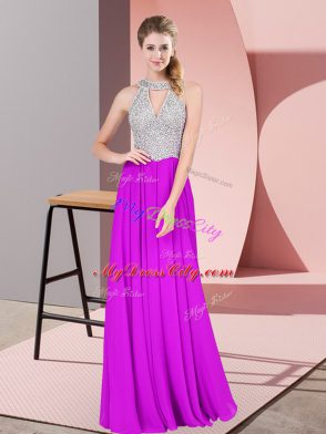 Discount Purple Empire Chiffon Halter Top Sleeveless Beading Floor Length Zipper Evening Dress