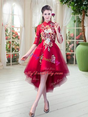 Custom Designed Red A-line High-neck Half Sleeves Tulle High Low Zipper Appliques Prom Evening Gown