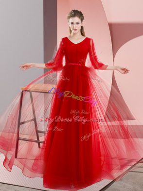 A-line Prom Evening Gown Red V-neck Tulle Long Sleeves Floor Length Lace Up