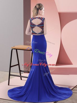 Beautiful Scoop Sleeveless Prom Gown Sweep Train Beading Red Satin