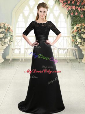 Attractive Scalloped Half Sleeves Prom Evening Gown Sweep Train Beading and Appliques Black Elastic Woven Satin