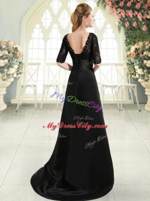 Attractive Scalloped Half Sleeves Prom Evening Gown Sweep Train Beading and Appliques Black Elastic Woven Satin