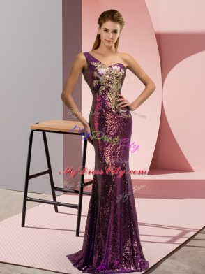 Purple Prom Party Dress Sequined Brush Train Sleeveless Beading and Appliques