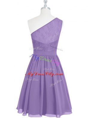 Deluxe Lavender A-line One Shoulder Sleeveless Knee Length Side Zipper Lace Prom Gown