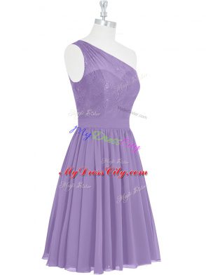 Deluxe Lavender A-line One Shoulder Sleeveless Knee Length Side Zipper Lace Prom Gown