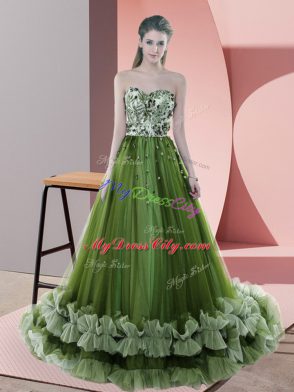 Green Lace Up Evening Dress Beading and Appliques Sleeveless Sweep Train