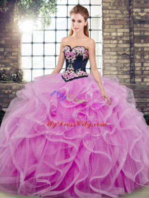 Flare Sweetheart Sleeveless Tulle 15 Quinceanera Dress Embroidery and Ruffles Sweep Train Lace Up